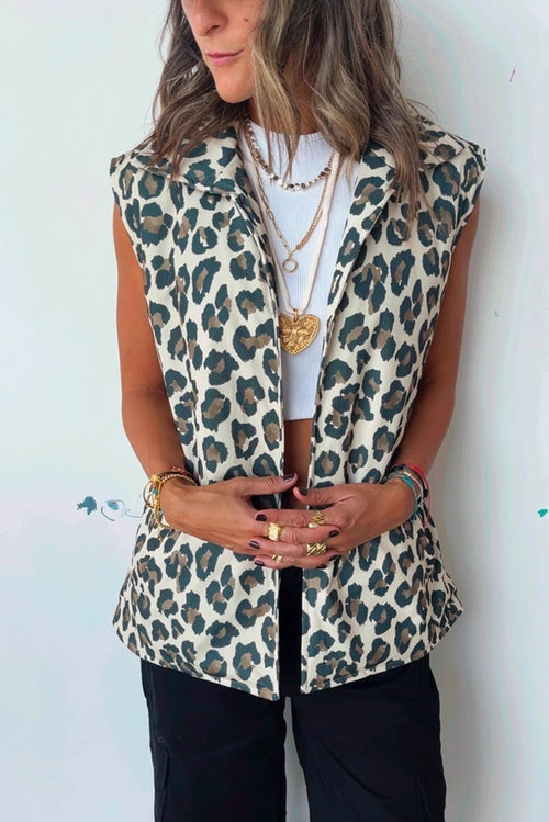 Brown Leopard Print Front Open Jacket Vest