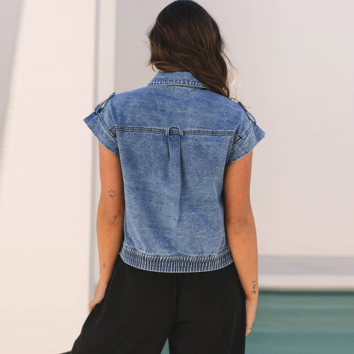 Denim Women's Single-breasted Lapel Short Sleeve Vest Coat