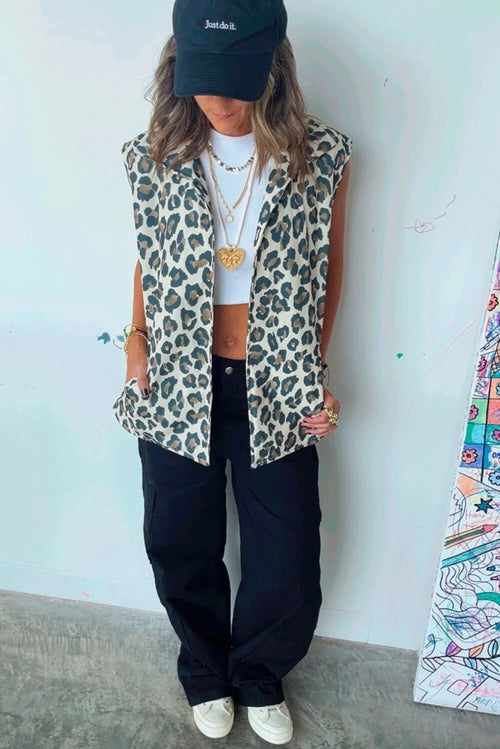 Brown Leopard Print Sleeveless Vest For Women | Front Open Jacket Vest
