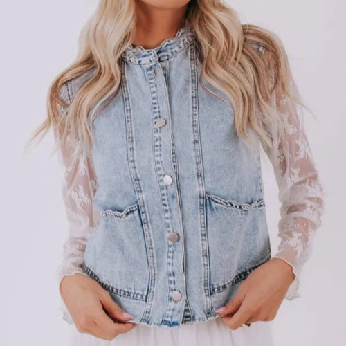 Button Front Patch Pocket denim Vest outfit | Women’s Denim Vest