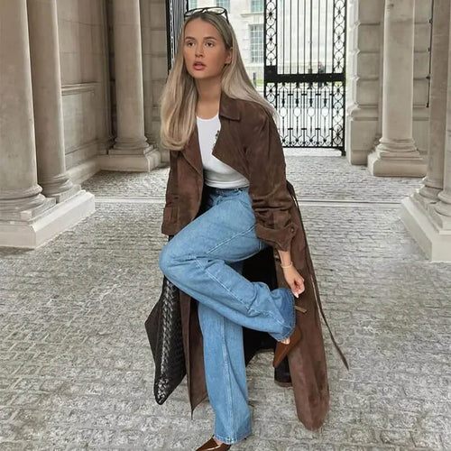 Elegant Belted Long Trench Coat | Double Breasted Women Coat