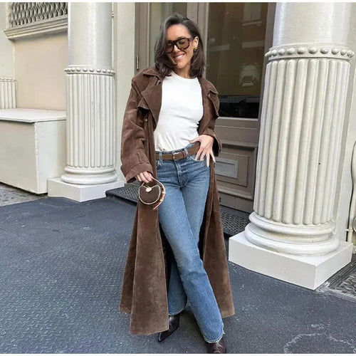 Elegant Belted Long Trench Coat | Double Breasted Women Coat