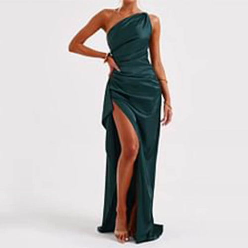Sexy One Shoulder Satin Slit Dress For Women | Elegant Slim Fit Dress
