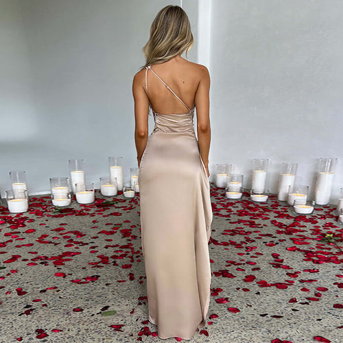 Sexy One Shoulder Satin Slit Dress For Women | Elegant Slim Fit Dress