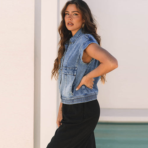 Single Breasted Denim Vest Coat | Women Denim Sleeveless Coat