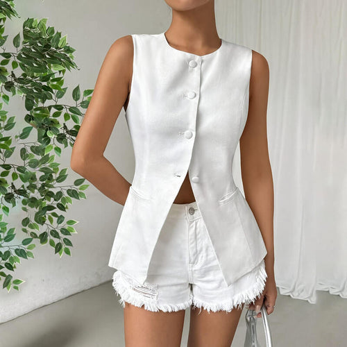 Sleeveless Button Bound Neck Elegant Vest For Women | Elegant Vest Top