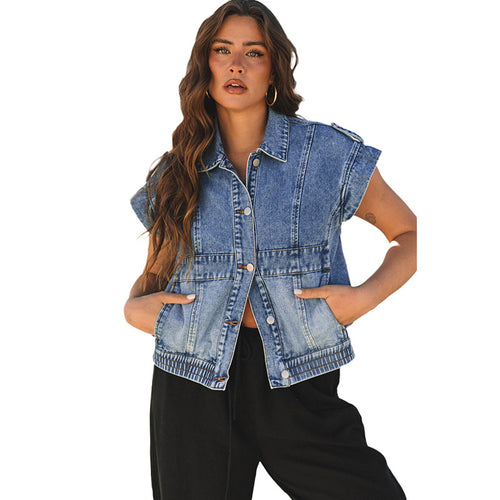 Denim Women's Single-breasted Lapel Short Sleeve Vest Coat