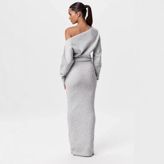 Ins Slim Long Sleeve Knitted Dress Evening Party Sexy Off-shoulder Bodycon Long Dresses